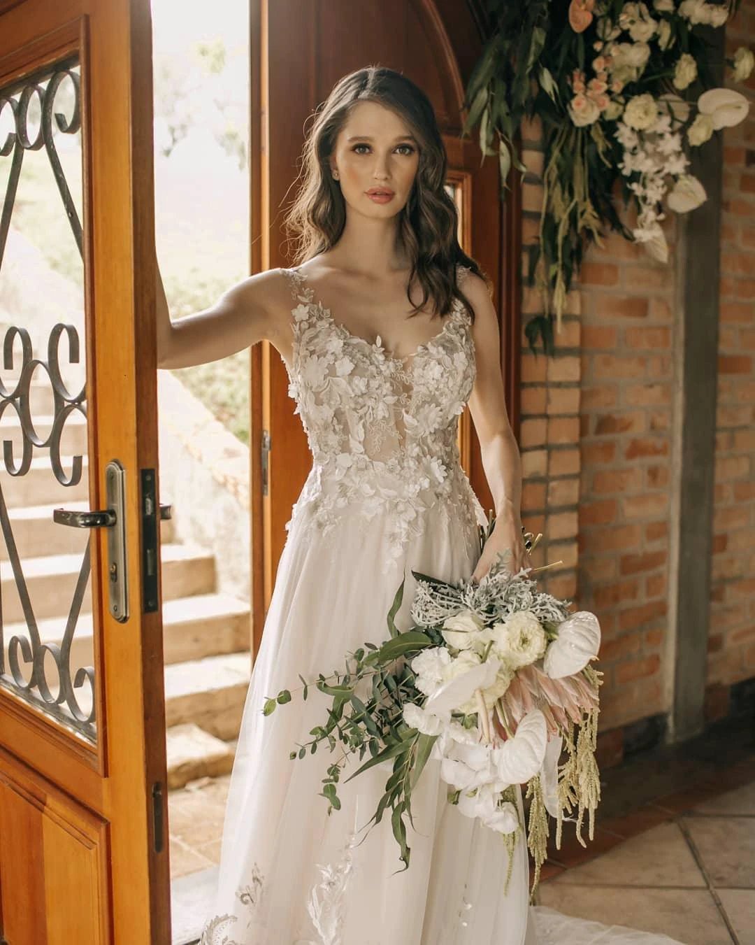 Chic Long A-line Sleeveless Flowers Backless Wedding Dress With Lace by misshow.com