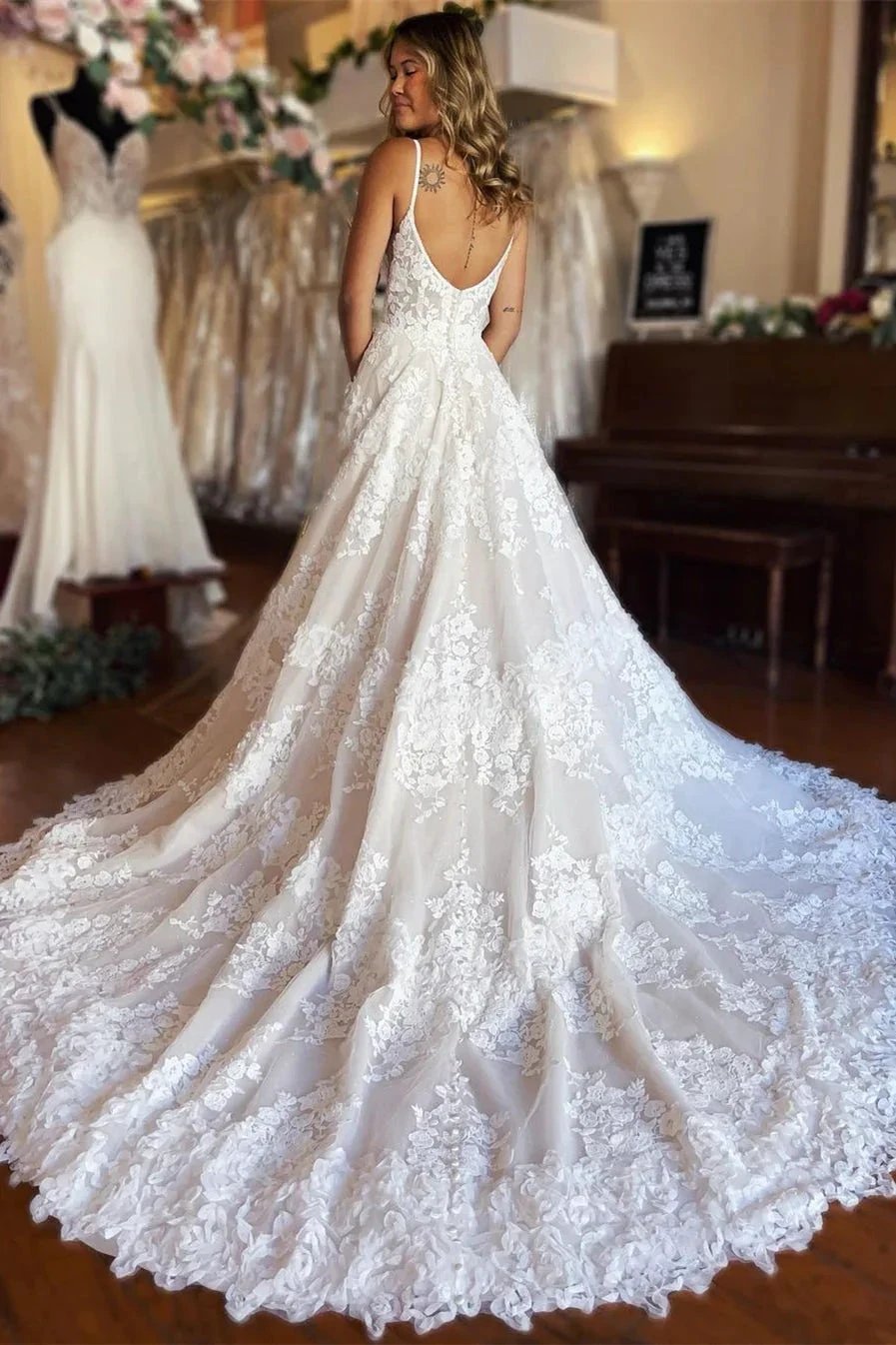 Chic Long A-line Spaghetti Straps Lace Wedding Dress With Slit by misshow.com