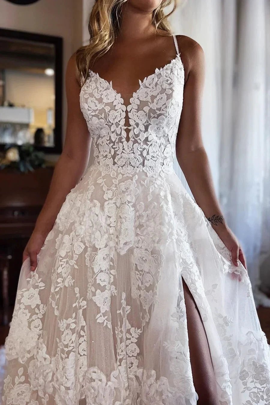 Chic Long A-line Spaghetti Straps Lace Wedding Dress With Slit by misshow.com