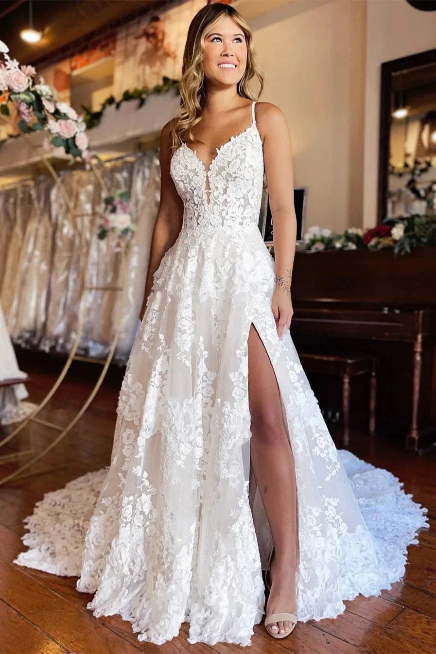Chic Long A-line Spaghetti Straps Lace Wedding Dress With Slit by misshow.com