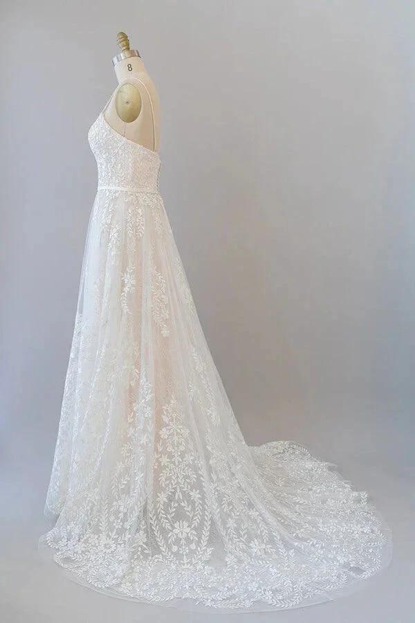 Chic Long A-line Sweetheart Spaghetti Strap Appliques Tulle Wedding Dress by BIZTUNNEL