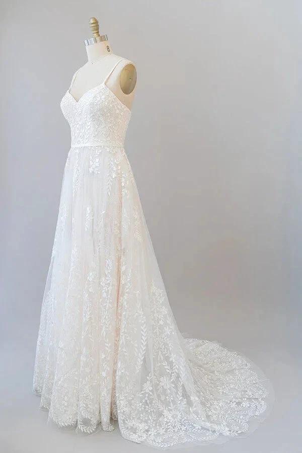 Chic Long A-line Sweetheart Spaghetti Strap Appliques Tulle Wedding Dress by BIZTUNNEL