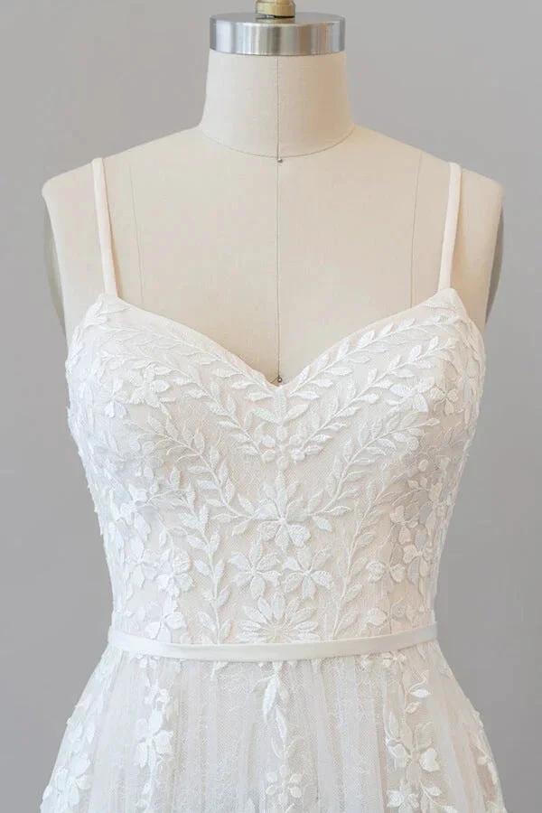 Chic Long A-line Sweetheart Spaghetti Strap Appliques Tulle Wedding Dress by BIZTUNNEL