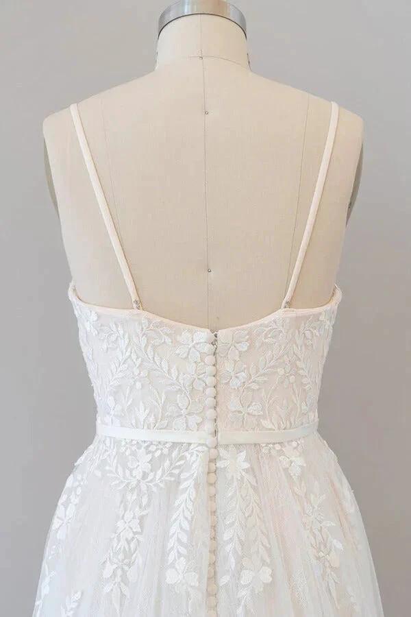 Chic Long A-line Sweetheart Spaghetti Strap Appliques Tulle Wedding Dress by BIZTUNNEL