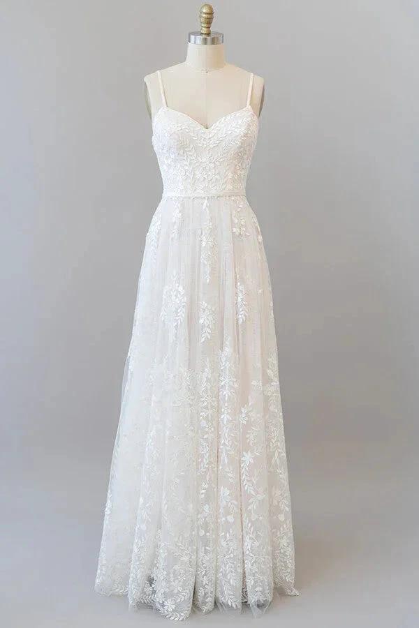 Chic Long A-line Sweetheart Spaghetti Strap Appliques Tulle Wedding Dress by BIZTUNNEL