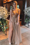Chic Long A-line V-neck Beading Tulle Backless Prom Dress with Slit by BIZTUNNEL