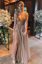 Chic Long A-line V-neck Beading Tulle Backless Prom Dress with Slit by BIZTUNNEL
