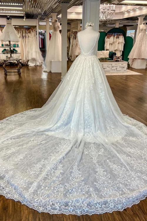 Chic Long A-line V-neck Floral Lace Open Back Wedding Dresses by BIZTUNNEL