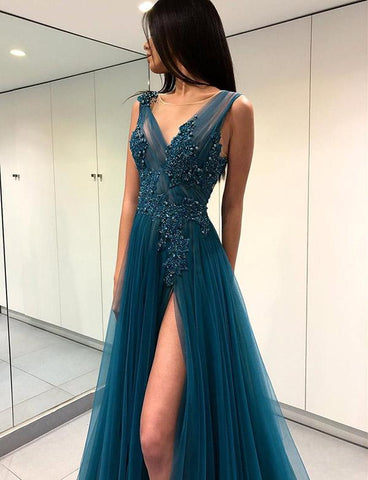 Vestido de fiesta elegante de tul con escote en V, espalda descubierta y corte A con abertura