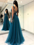 Chic Long A-line V-neck Tulle Backless Prom Dress with Slit by BIZTUNNEL