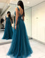 Chic Long A-line V-neck Tulle Backless Prom Dress with Slit