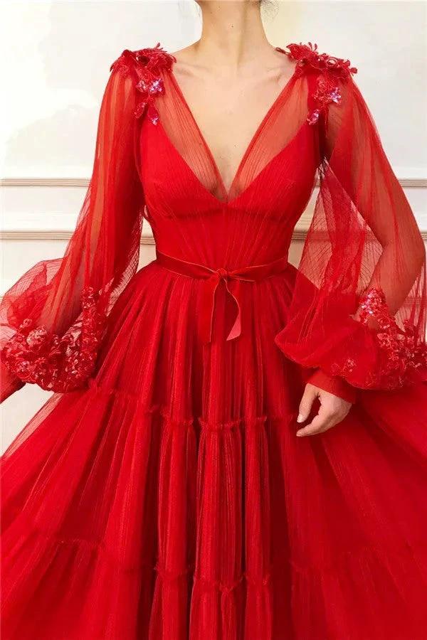 Chic Long A-line V-neck Tulle Red Prom Dress with Sleeves by BIZTUNNEL