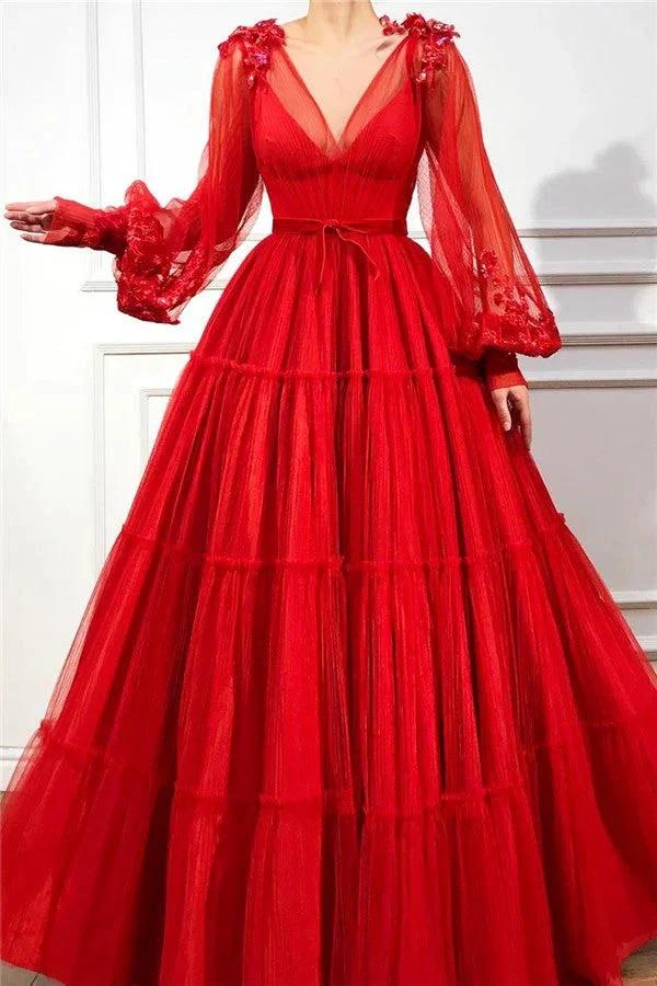 Chic Long A-line V-neck Tulle Red Prom Dress with Sleeves by BIZTUNNEL