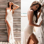 Chic Long Column Straps Lace Backless Prom Dress with Slit by BIZTUNNEL