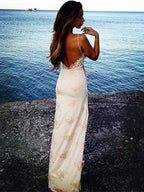 Chic Long Column Straps Lace Backless Prom Dress with Slit by BIZTUNNEL