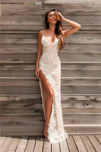 Chic Long Column Straps Lace Backless Prom Dress with Slit by BIZTUNNEL