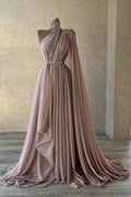 Chic Long Dusty Pink High Neck Lace Prom Dresses with Glitter by misshow.com