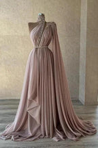 Chic Long Dusty Pink High Neck Lace Prom Dresses with Glitter by misshow.com