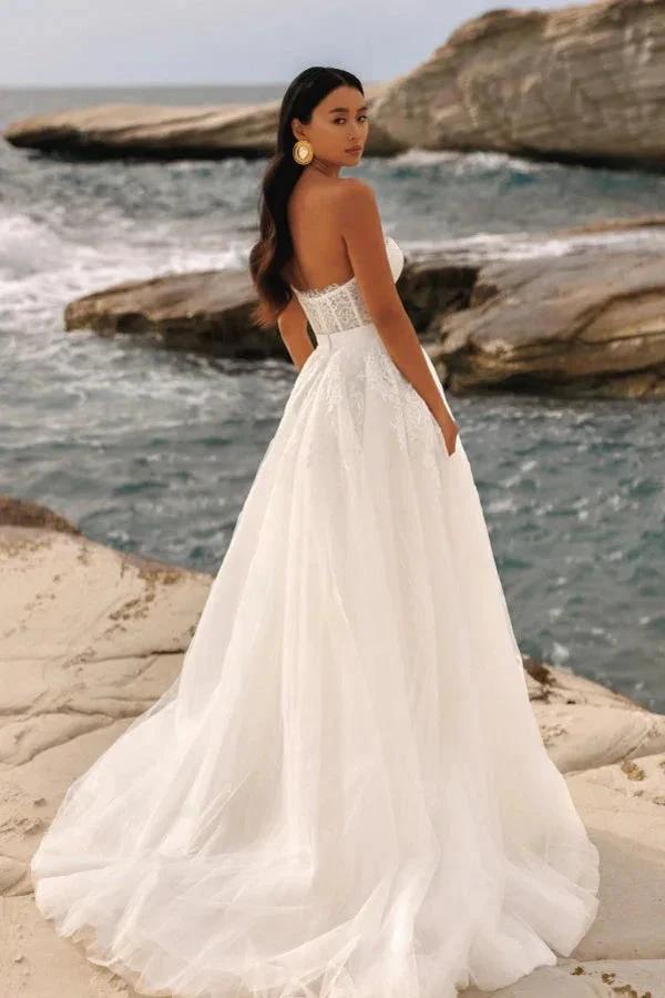 Chic Long Ivory A-line Strapless Appliques Tulle Wedding Dress by misshow.com