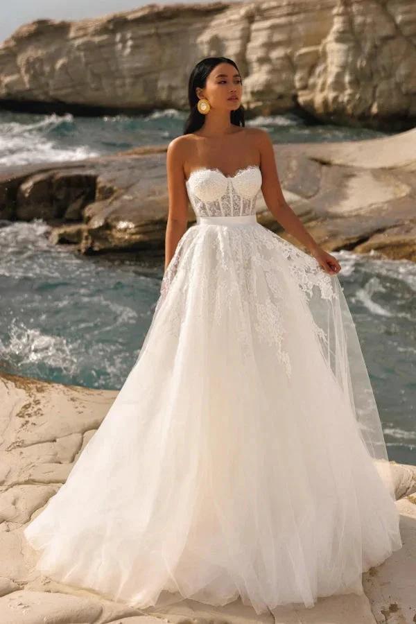 Chic Long Ivory A-line Strapless Appliques Tulle Wedding Dress by misshow.com