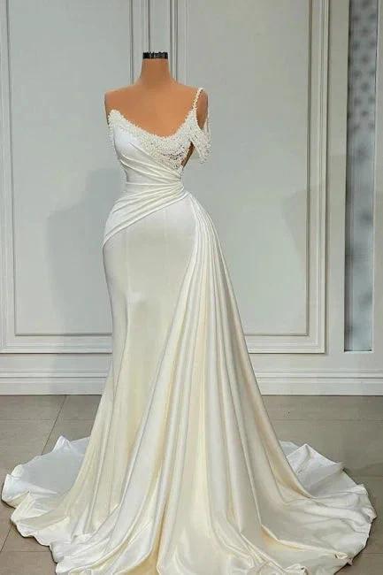 Chic Long Ivory Mermaid One Shoulder Sleeveless Wedding Dress with Pearls by misshow.com