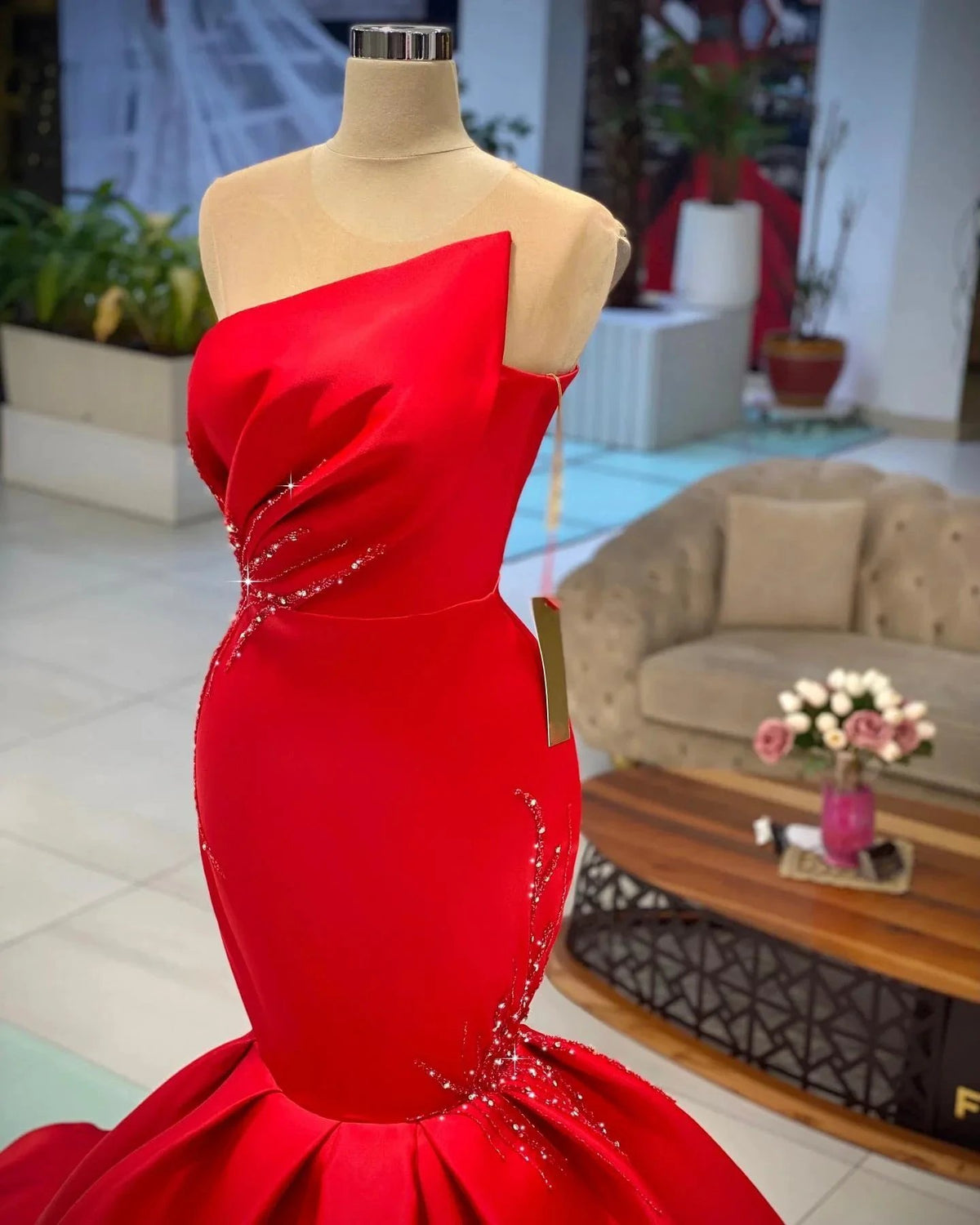 Chic Long Mermaid Bateau Satin Red Prom Dress by BIZTUNNEL