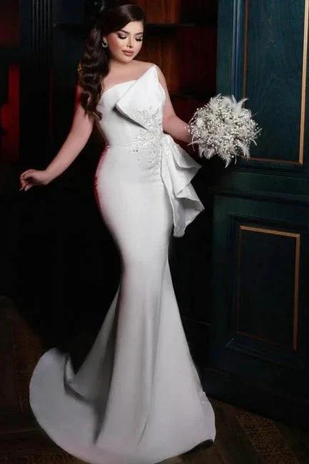 Chic Long Mermaid Simple Satin Strapless Wedding Dress With Lace by misshow.com