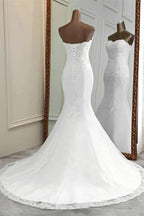 Chic Long Mermaid Strapless Lace Appliques Wedding Dress by BIZTUNNEL