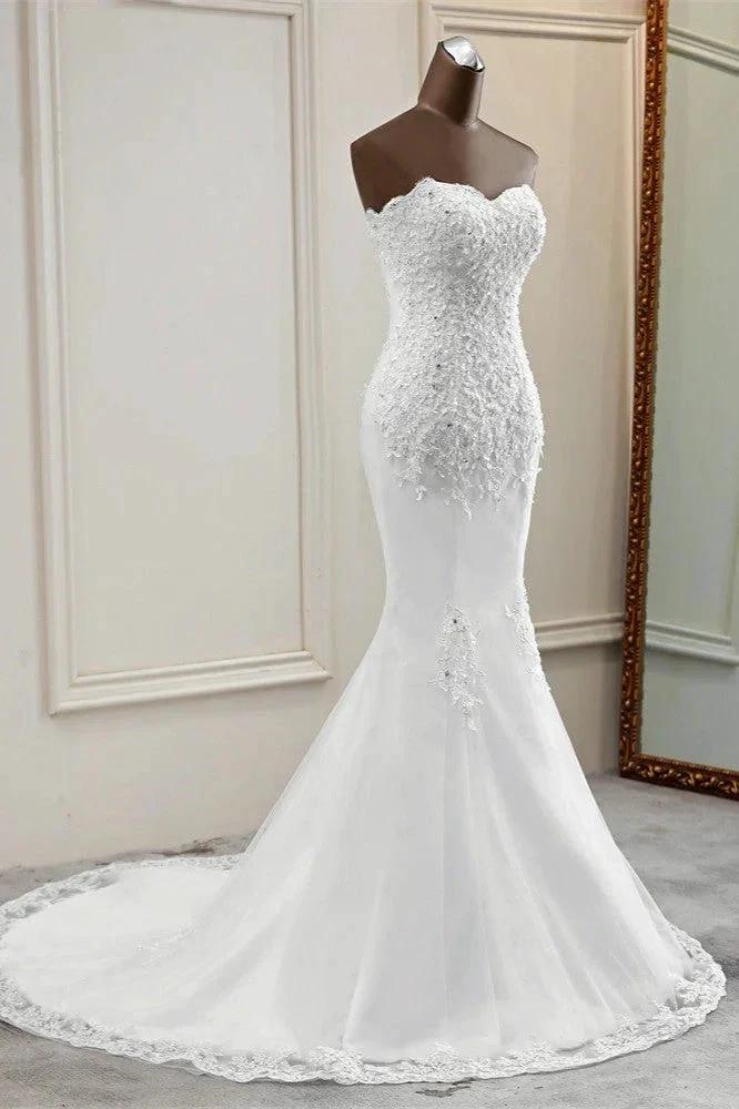 Chic Long Mermaid Strapless Lace Appliques Wedding Dress by BIZTUNNEL