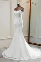 Chic Long Mermaid Strapless Lace Appliques Wedding Dress by BIZTUNNEL