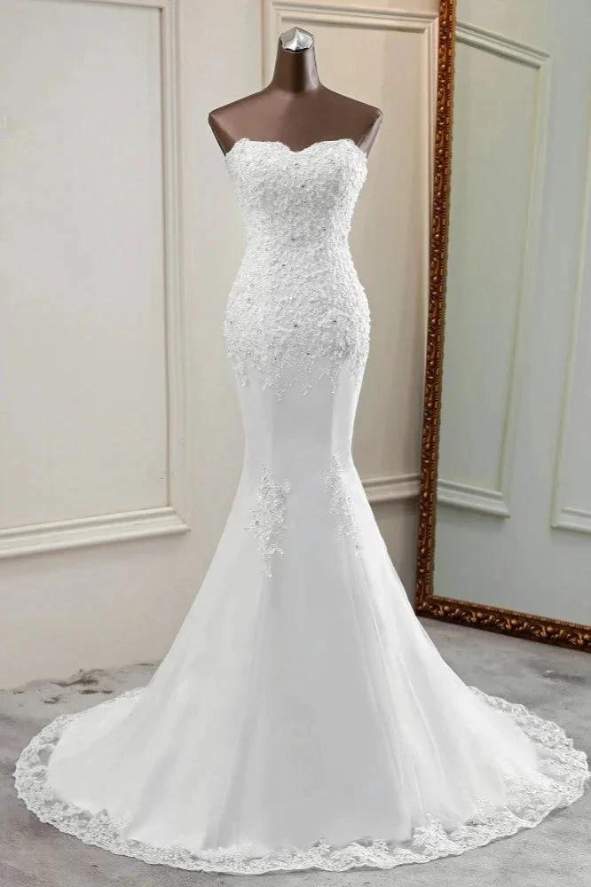 Chic Long Mermaid Strapless Lace Appliques Wedding Dress by BIZTUNNEL