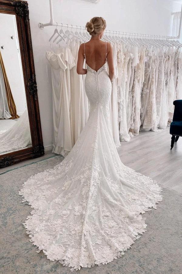 Chic Long Mermaid Sweetheart Sleeveless Spaghetti Straps Lace Backless Wedding Dresses by BIZTUNNEL