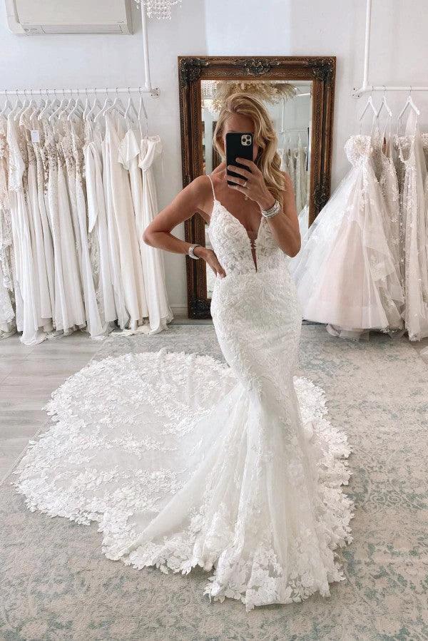 Chic Long Mermaid Sweetheart Sleeveless Spaghetti Straps Lace Backless Wedding Dresses by BIZTUNNEL