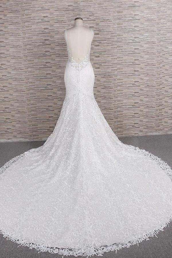 Chic Long Mermaid Sweetheart Spaghetti Strap Appliques Lace Wedding Dress by BIZTUNNEL