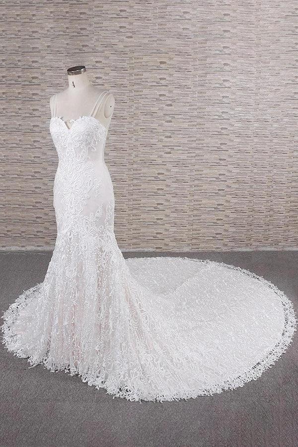 Chic Long Mermaid Sweetheart Spaghetti Strap Appliques Lace Wedding Dress by BIZTUNNEL