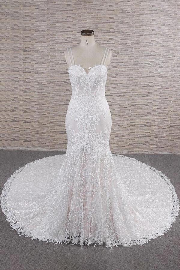 Chic Long Mermaid Sweetheart Spaghetti Strap Appliques Lace Wedding Dress by BIZTUNNEL