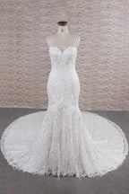 Chic Long Mermaid Sweetheart Spaghetti Strap Appliques Lace Wedding Dress by BIZTUNNEL