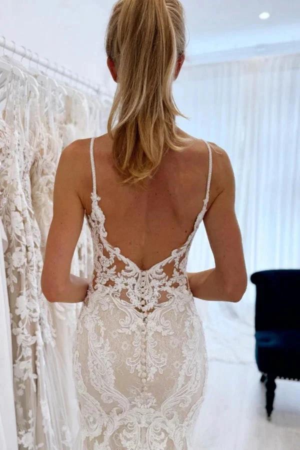 Chic Long Mermaid V-neck Spaghetti Straps Backless Lace Wedding Dress by misshow.com