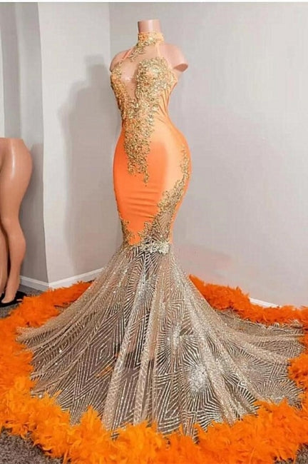 Chic Long Orange Halter Sleeveless Floor-Length Beading Mermaid Prom Dress