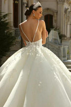 Chic Long Princess A-line Ivory Spaghetti Straps Tulle Lace Wedding Dress with Glitter by misshow.com