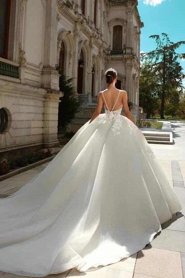 Chic Long Princess A-line Ivory Spaghetti Straps Tulle Lace Wedding Dress with Glitter by misshow.com