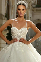 Chic Long Princess A-line Ivory Spaghetti Straps Tulle Lace Wedding Dress with Glitter by misshow.com