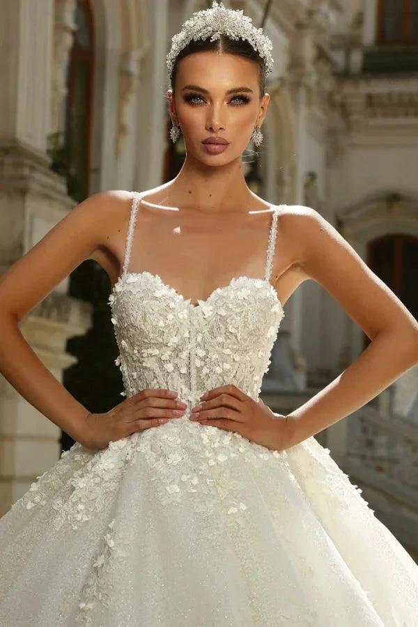 Chic Long Princess A-line Ivory Spaghetti Straps Tulle Lace Wedding Dress with Glitter by misshow.com