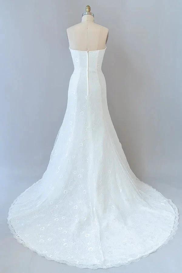 Chic Long Sheath Strapless Ruffle Lace Wedding Dress by BIZTUNNEL