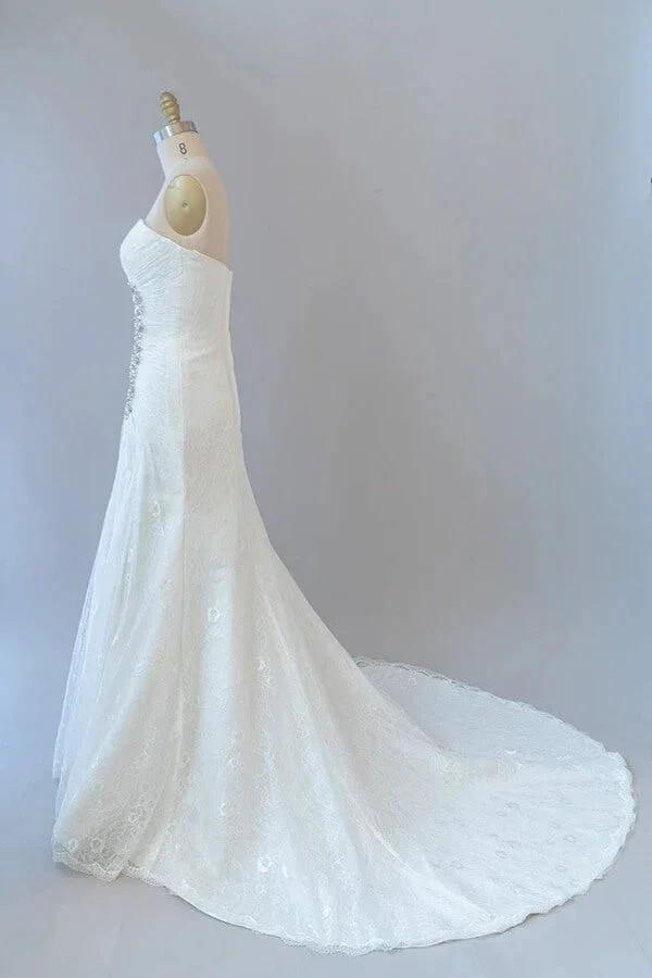 Chic Long Sheath Strapless Ruffle Lace Wedding Dress by BIZTUNNEL