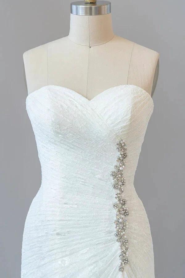Chic Long Sheath Strapless Ruffle Lace Wedding Dress by BIZTUNNEL