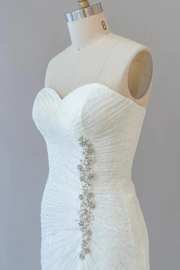 Chic Long Sheath Strapless Ruffle Lace Wedding Dress by BIZTUNNEL
