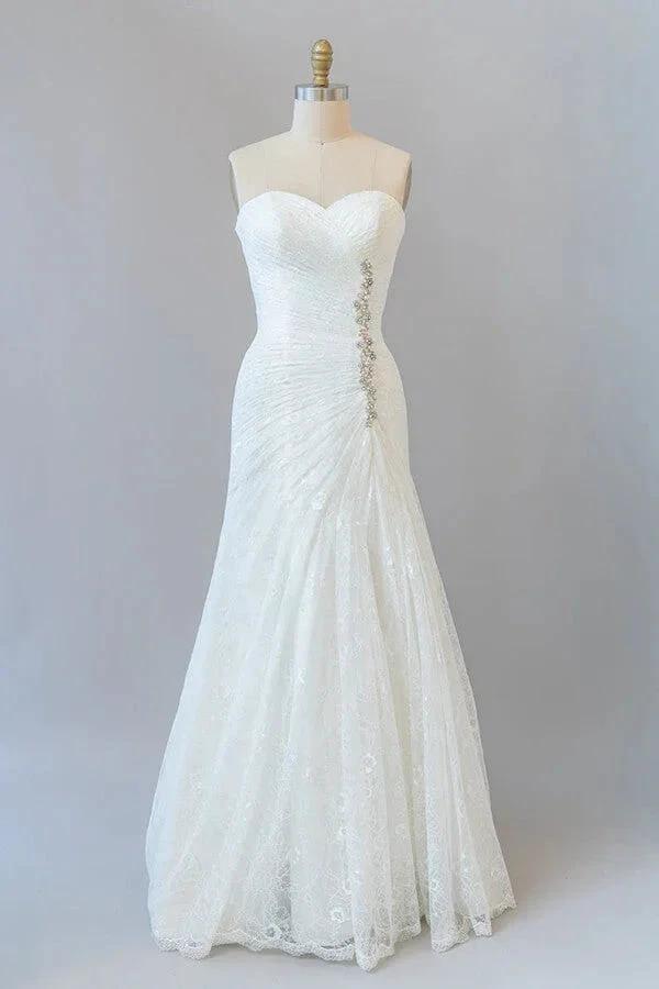Chic Long Sheath Strapless Ruffle Lace Wedding Dress by BIZTUNNEL