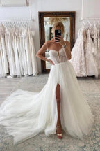 Chic Long Sleeves A-line Sweetheart Front Slit Tulle Wedding Dress with Chapel Train by BIZTUNNEL