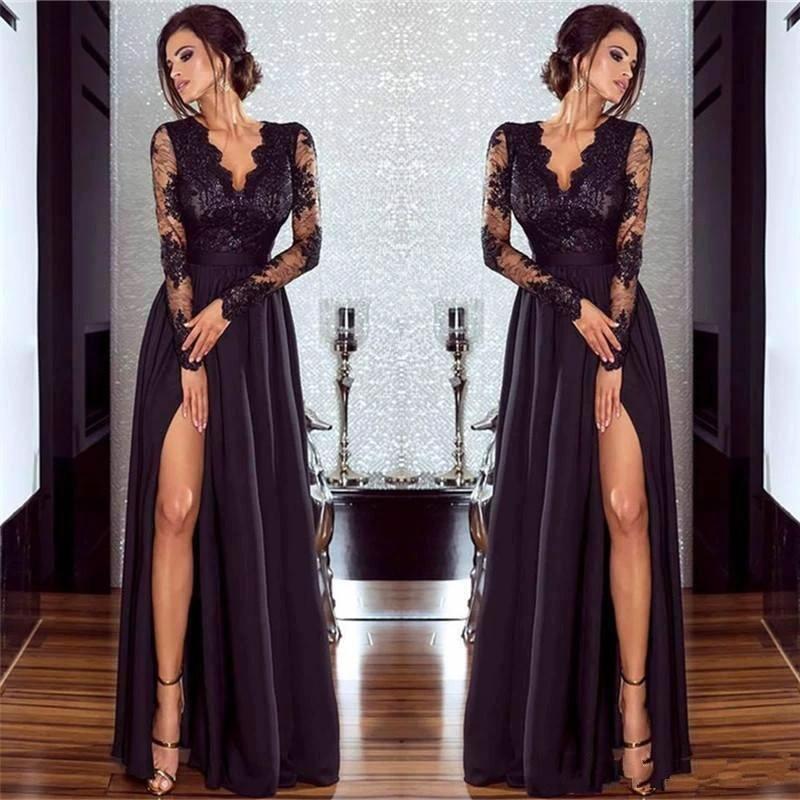 Chic Long Sleeves A-line V-neck Chiffon Lace Prom Dress with Slit by BIZTUNNEL